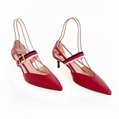 Gucci Unia Web Stripe Mary Jane Pumps in Red Leather Size 39