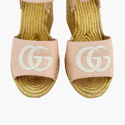 Gucci Flor GG Espadrille Wedge Sandals in Pink & Gold Leather Size 39