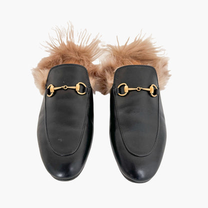 Gucci Princetown Horsebit Fur-Lined Mule in Black Leather Size 38