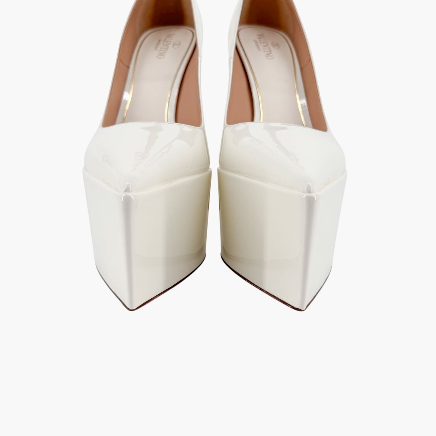 Valentino Garavani Tan-Go Platform Pumps in White Patent Leather Size 41