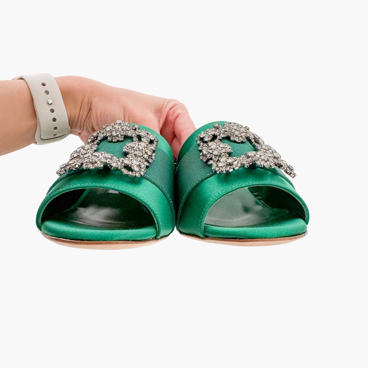 Manolo Blahnik Martanew Jewel Buckle Mules in Green Satin Size 38.5