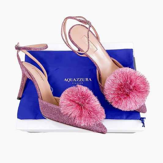 Aquazzura Powder Puff 85 Slingback Pumps in Pink Lurex Size 39.5
