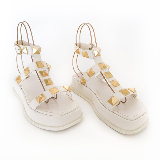 Valentino Garavani Roman Stud Platform Sandals in White/Ivory Leather