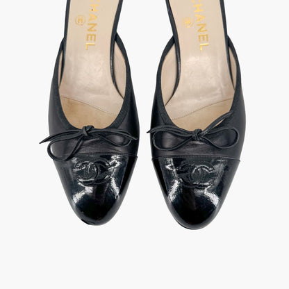 Chanel Vintage CC Cap Toe Kitten Heel Mules in Black Leather – Size 36.5