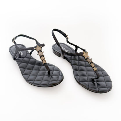 Chanel CC Star T-Strap Sandals in Black Leather Size 37