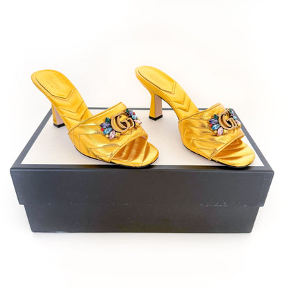 Gucci Crystal-Embellished GG Mules in Gold Matelassé Leather Size 40