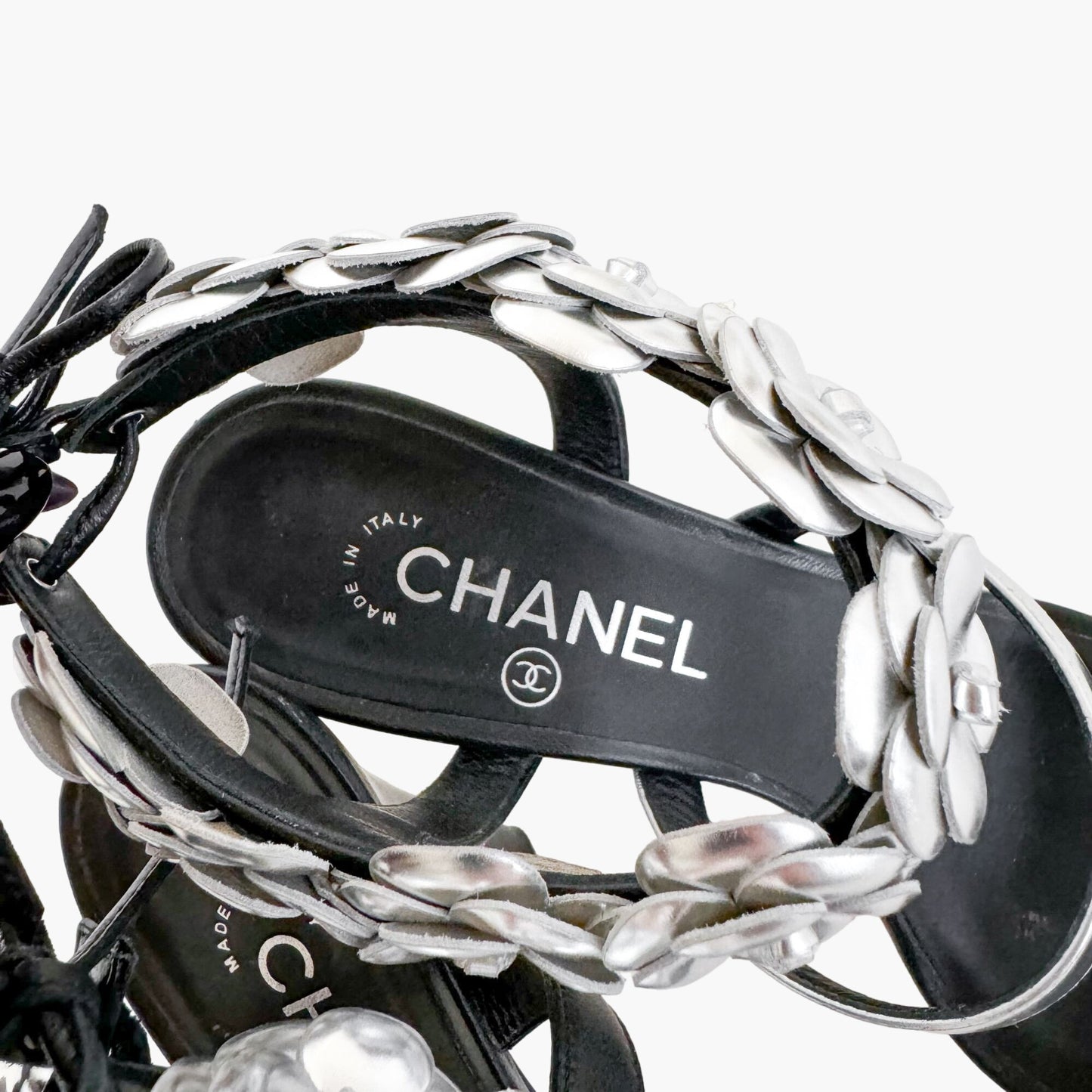 Chanel CC Camellia Tie Sandals in Black & Metallic Silver Size 38.5