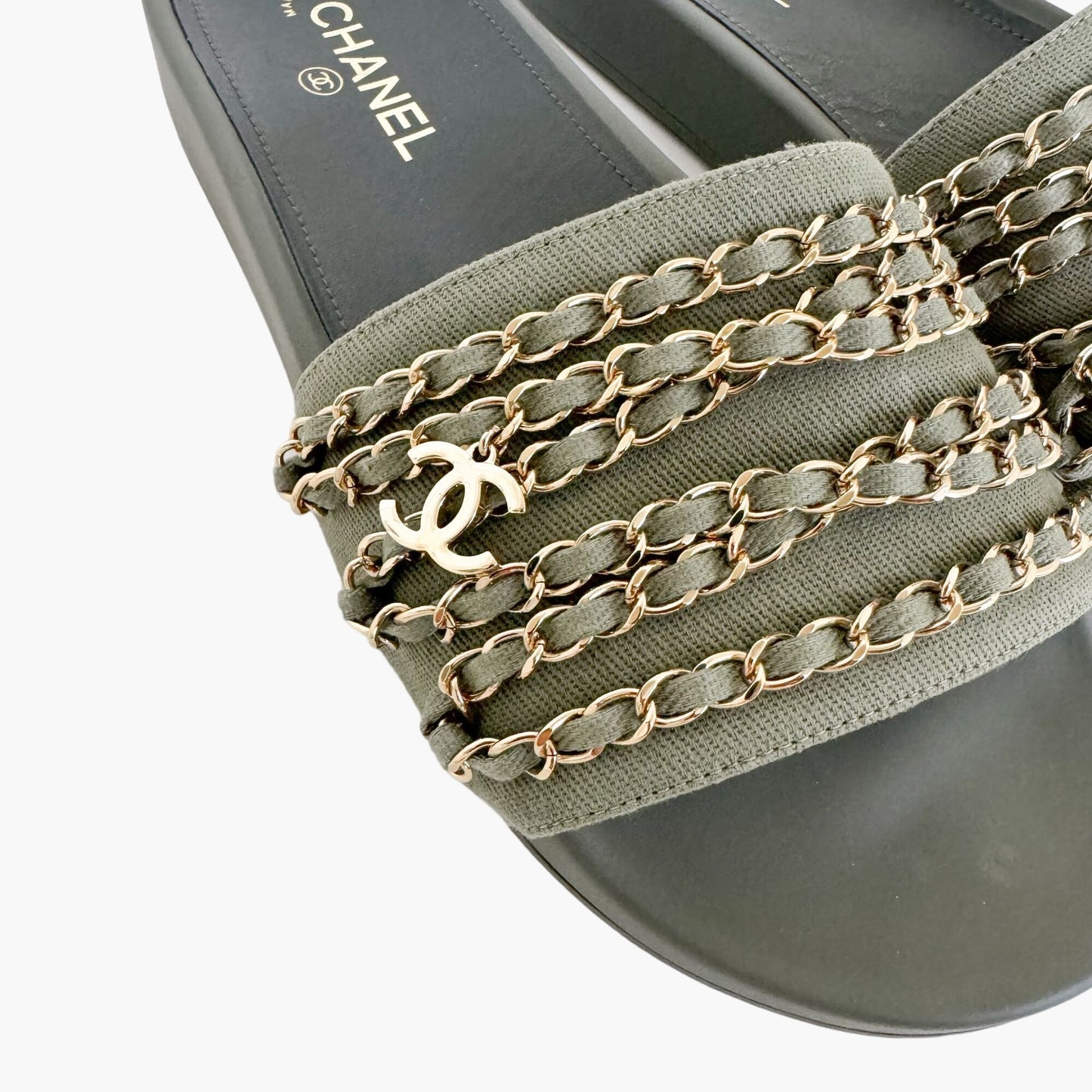 Chanel CC Chain Slide Sandals in Khaki Green Canvas Size 42