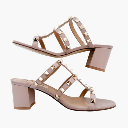 Valentino Garavani Rockstud Caged Mule Sandal in Poudre (Beige) Leather Size 36