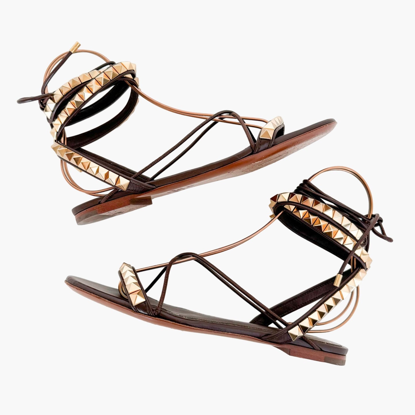 Valentino Garavani Rockstud Wrap Sandals in Brown Leather Size 38