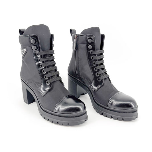 Prada Re-Nylon Triangle Logo Combat Boots in Black Nylon & Leather