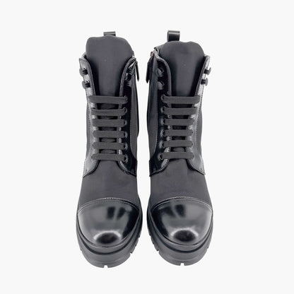 Prada Re-Nylon Triangle Logo Combat Boots in Black Nylon & Leather