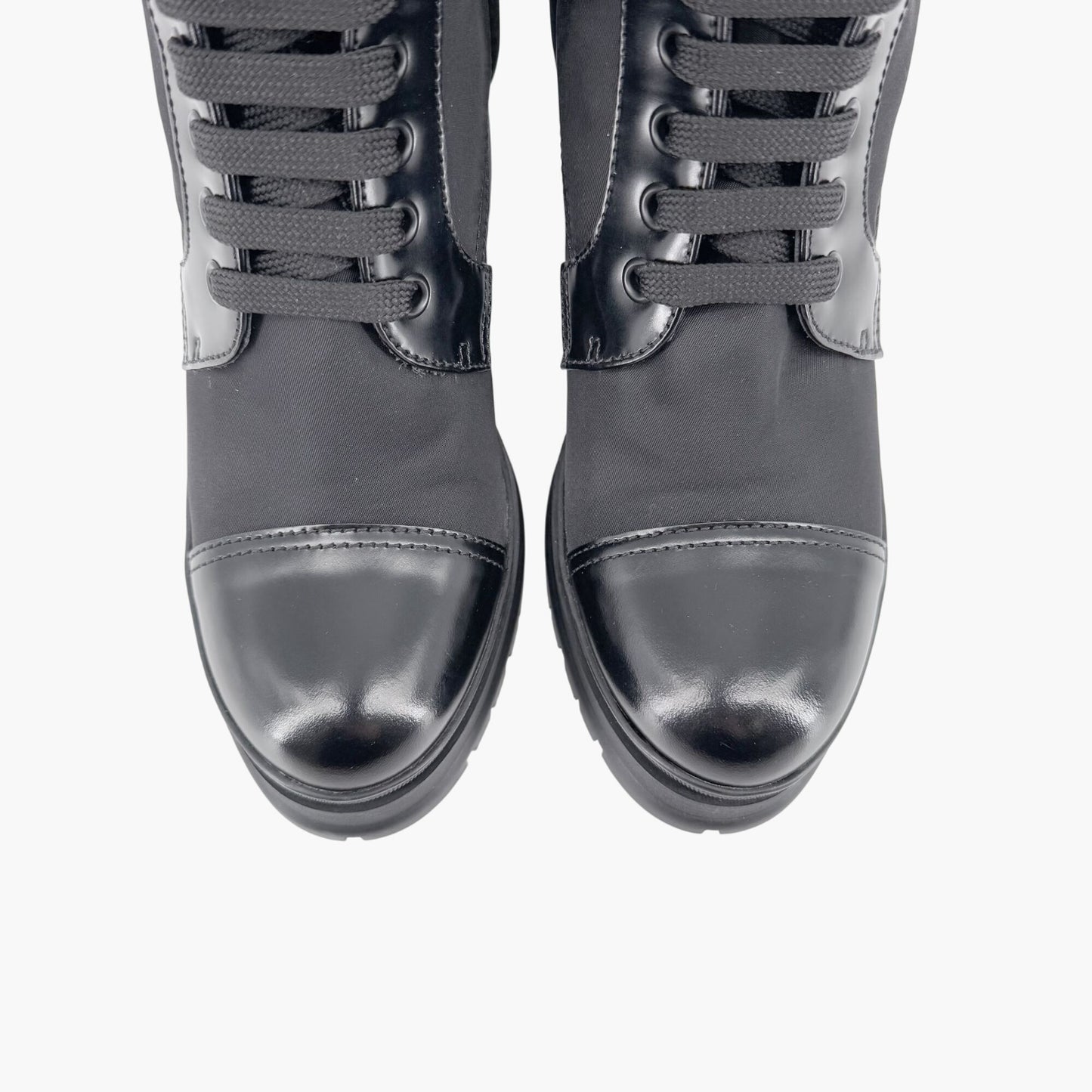 Prada Re-Nylon Triangle Logo Combat Boots in Black Nylon & Leather