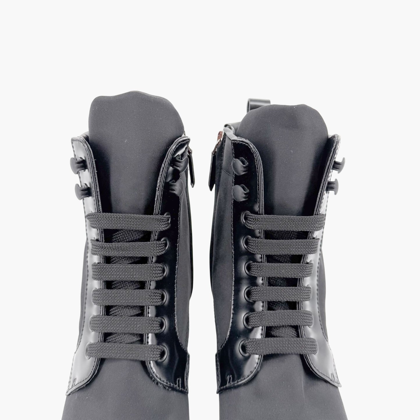 Prada Re-Nylon Triangle Logo Combat Boots in Black Nylon & Leather