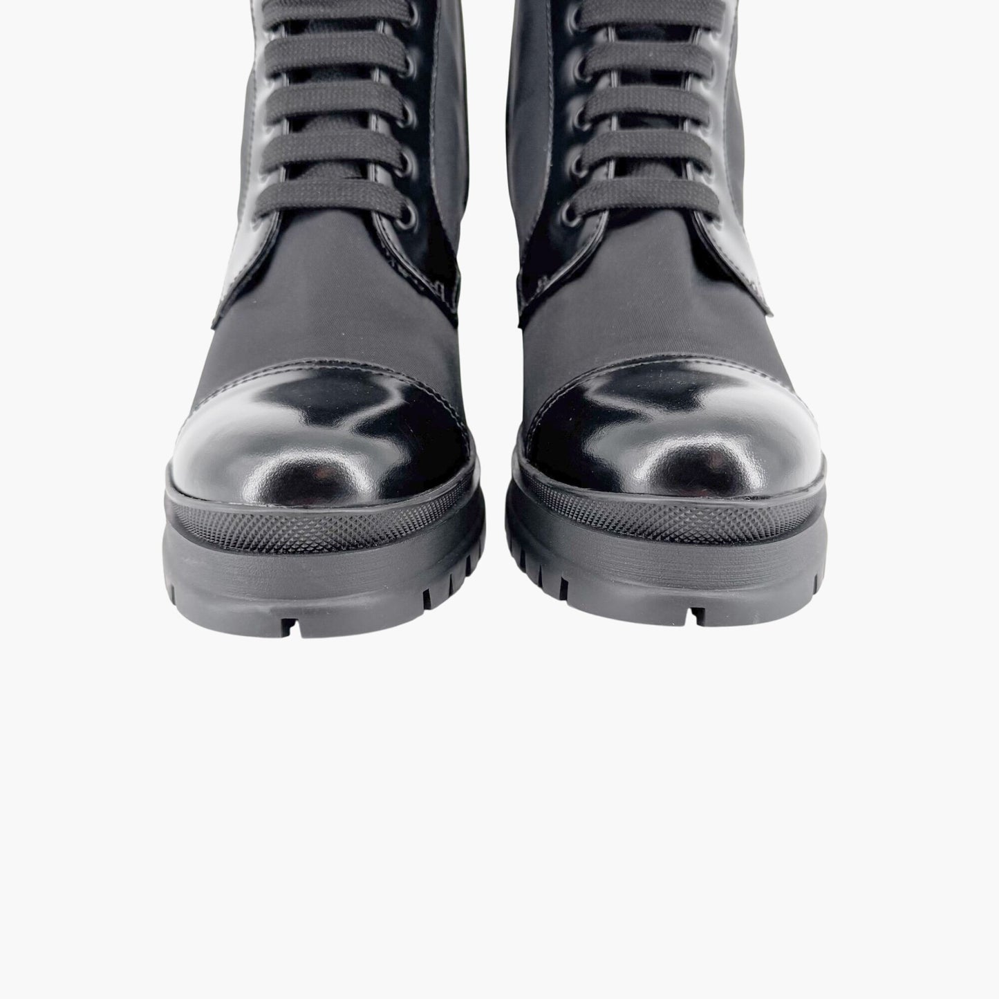 Prada Re-Nylon Triangle Logo Combat Boots in Black Nylon & Leather