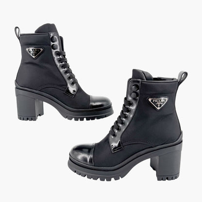 Prada Re-Nylon Triangle Logo Combat Boots in Black Nylon & Leather