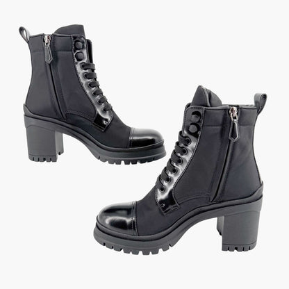 Prada Re-Nylon Triangle Logo Combat Boots in Black Nylon & Leather