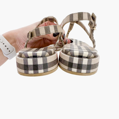 Burberry Emily T-Strap Flat Sandals in Beige Vintage Check Coated Canvas Size 37.5