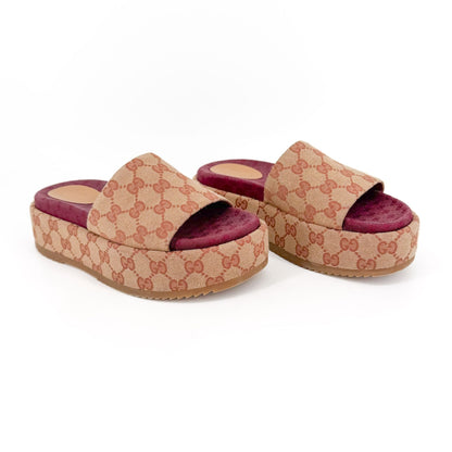 Gucci Angelina Platform Slide Sandals Beige GG Canvas Size 37