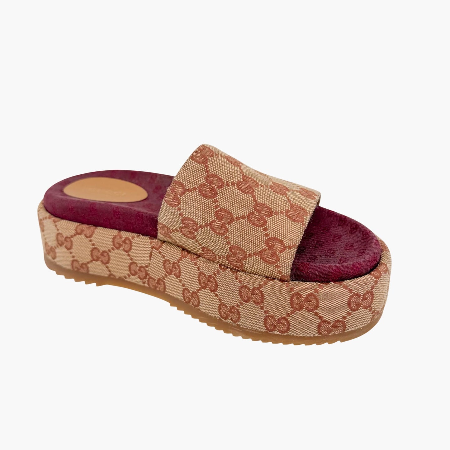 Gucci Angelina Platform Slide Sandals Beige GG Canvas Size 37