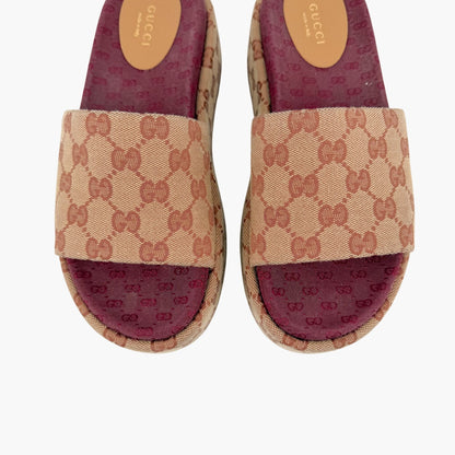 Gucci Angelina Platform Slide Sandals Beige GG Canvas Size 37