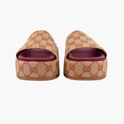 Gucci Angelina Platform Slide Sandals Beige GG Canvas Size 37