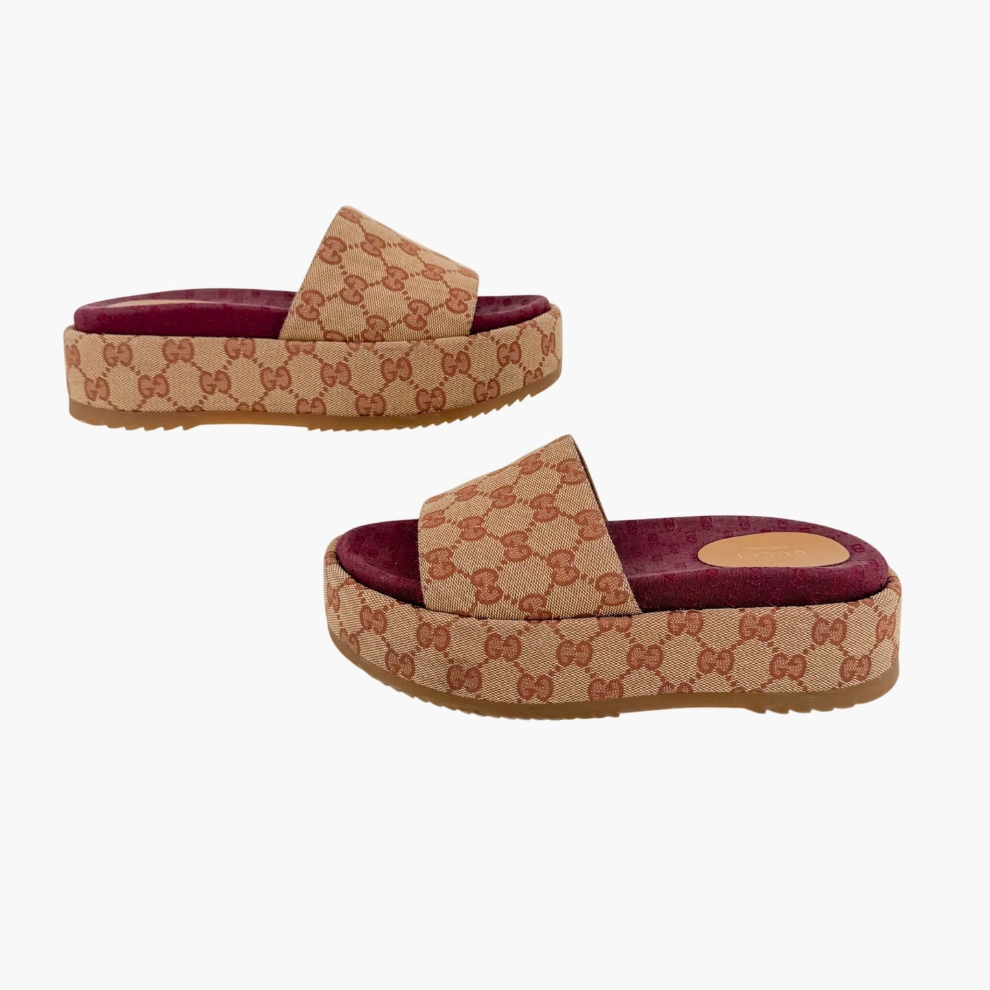 Gucci Angelina Platform Slide Sandals Beige GG Canvas Size 37