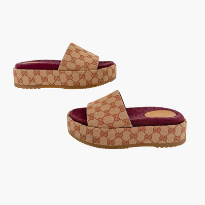 Gucci Angelina Platform Slide Sandals Beige GG Canvas Size 37