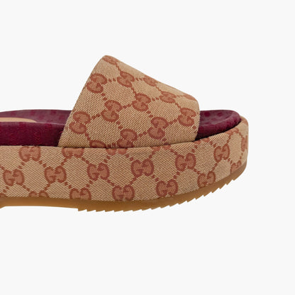 Gucci Angelina Platform Slide Sandals Beige GG Canvas Size 37