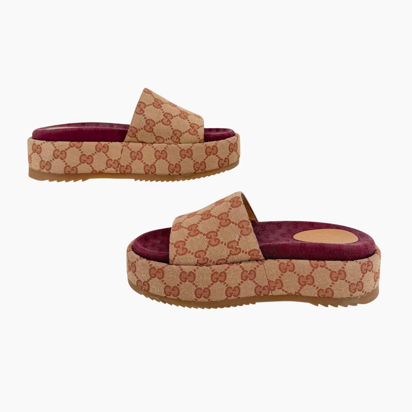 Gucci Angelina Platform Slide Sandals Beige GG Canvas Size 37