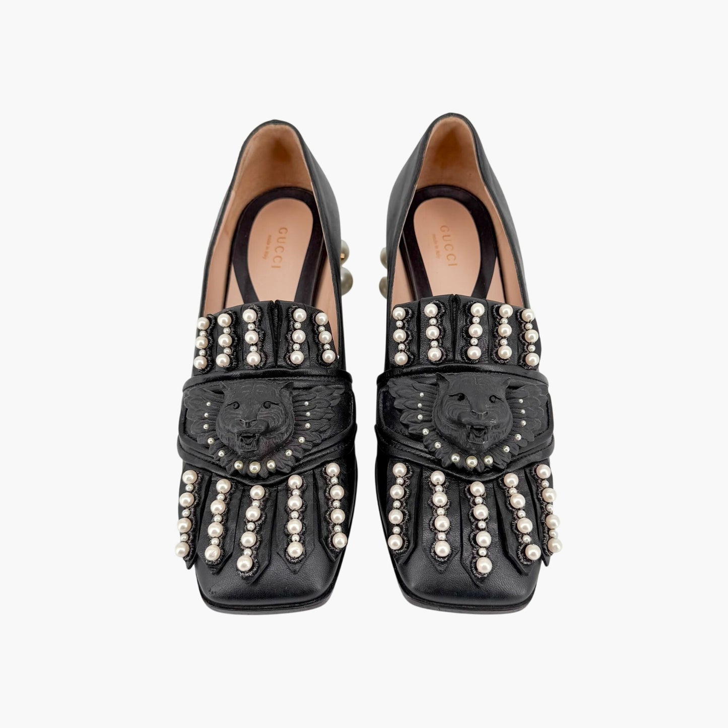 Gucci Lion Head Pearl Fringe Loafer Pumps Black Size 37