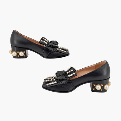Gucci Lion Head Pearl Fringe Loafer Pumps Black Size 37