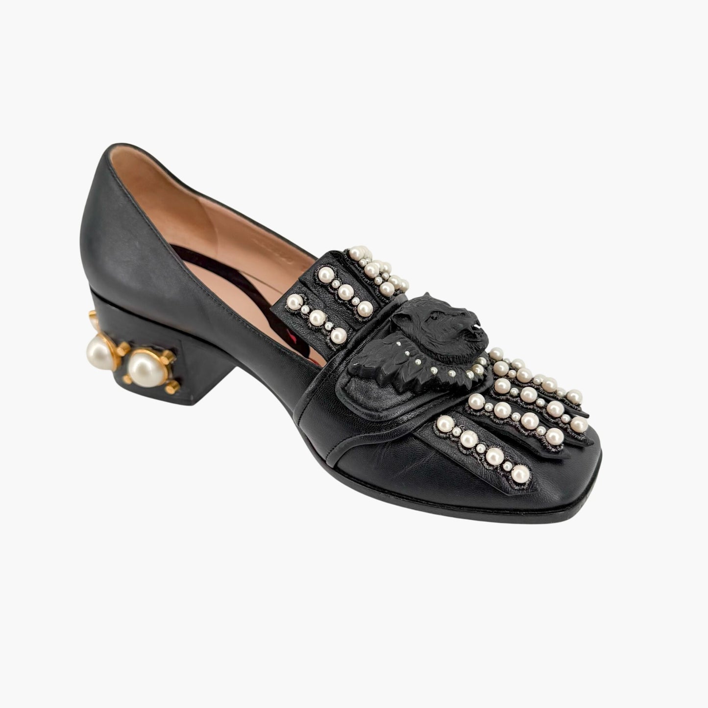 Gucci Lion Head Pearl Fringe Loafer Pumps Black Size 37