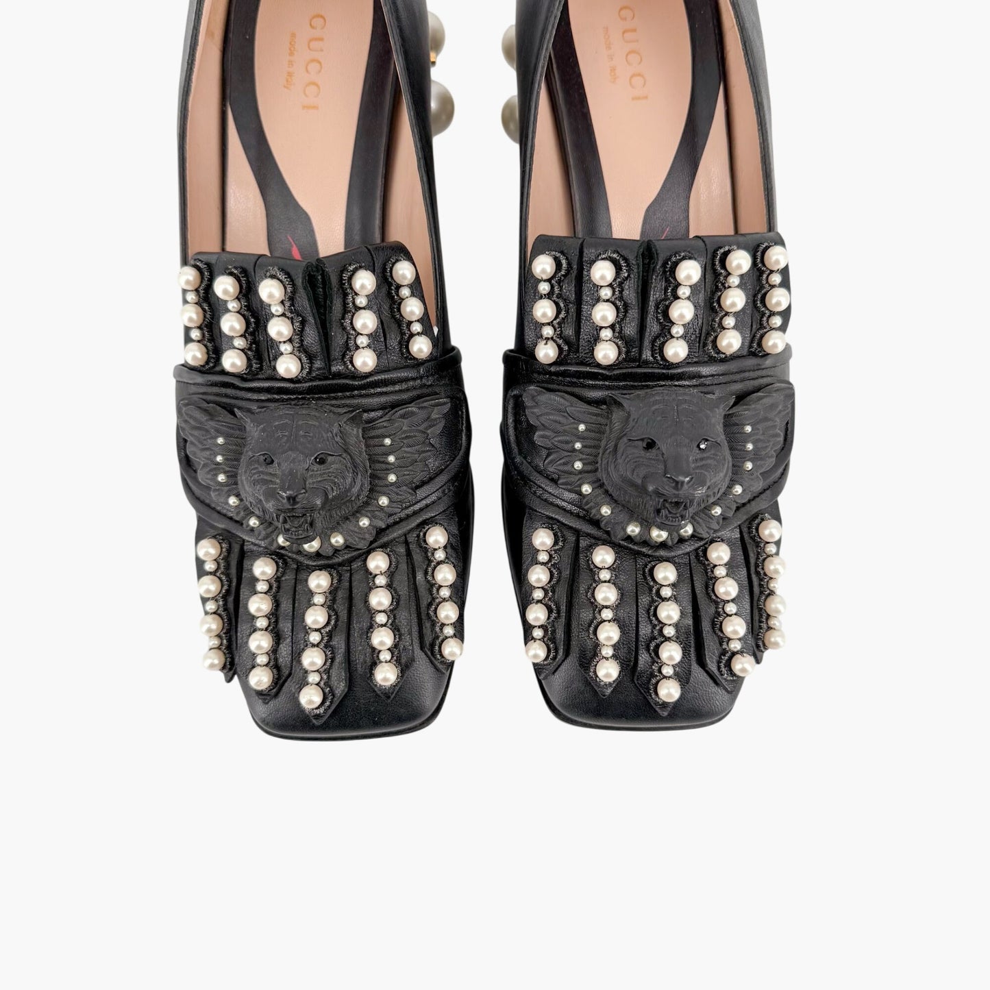 Gucci Lion Head Pearl Fringe Loafer Pumps Black Size 37
