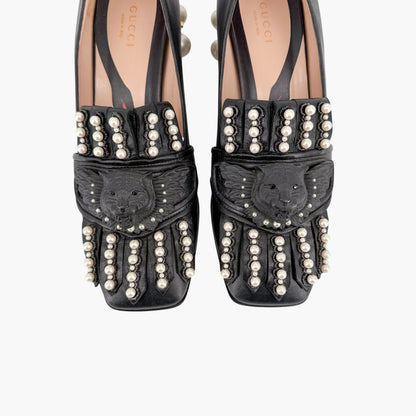 Gucci Lion Head Pearl Fringe Loafer Pumps Black Size 37