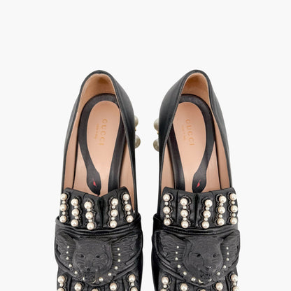 Gucci Lion Head Pearl Fringe Loafer Pumps Black Size 37