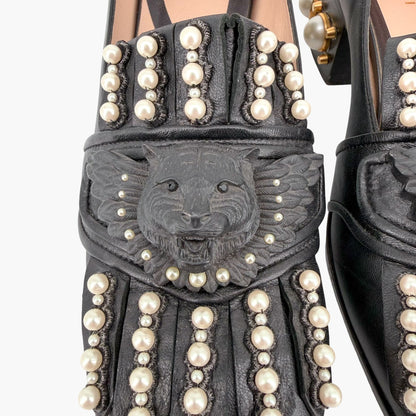 Gucci Lion Head Pearl Fringe Loafer Pumps Black Size 37