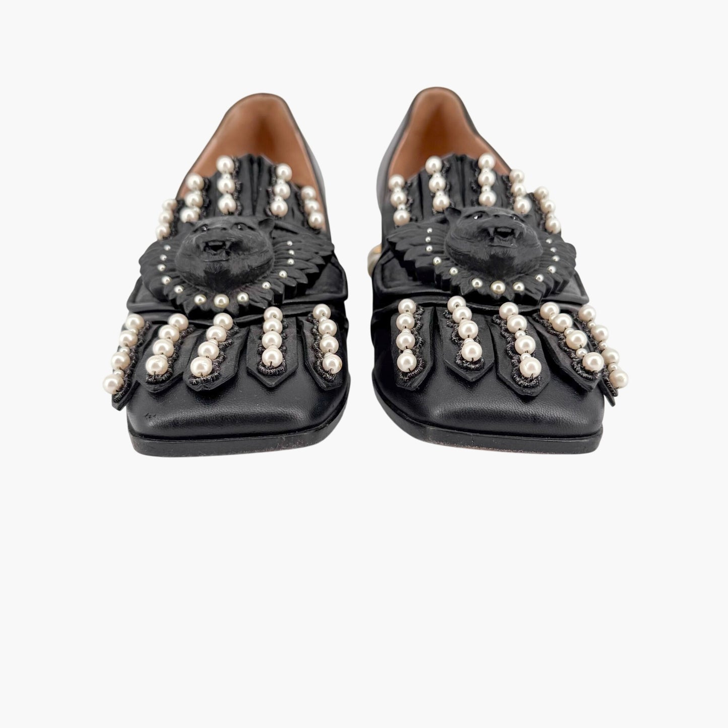 Gucci Lion Head Pearl Fringe Loafer Pumps Black Size 37