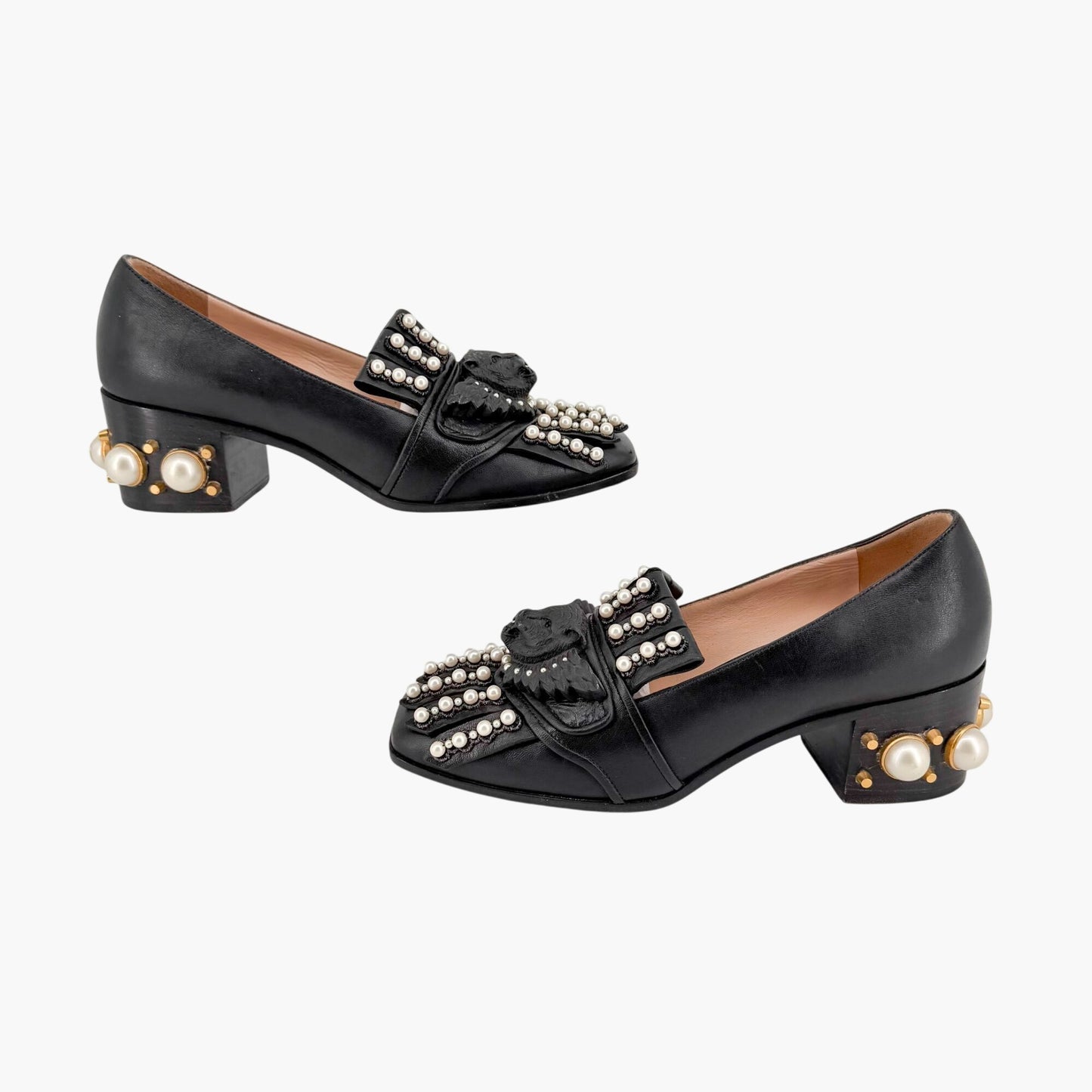 Gucci Lion Head Pearl Fringe Loafer Pumps Black Size 37