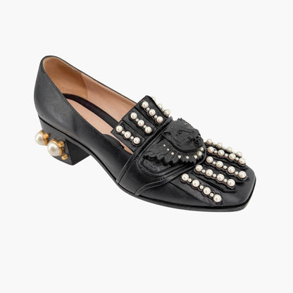Gucci Lion Head Pearl Fringe Loafer Pumps Black Size 37