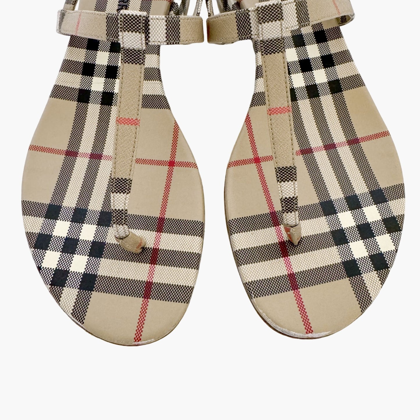 Burberry Emily T-Strap Flat Sandals in Beige Vintage Check Coated Canvas Size 37.5