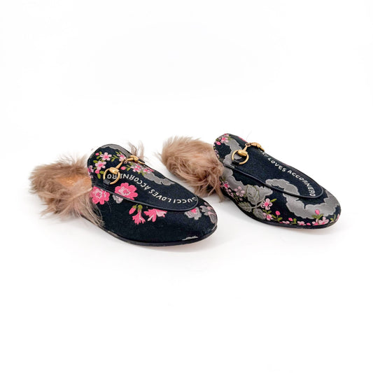 Gucci Garden Princetown Floral Mules with Shearling Lining – Size 37