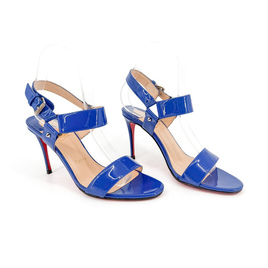 Christian Louboutin Sova 85 Spike Sandals in Blue Patent Leather Size 37.5