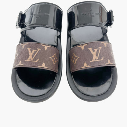 Louis Vuitton Sunbath Flat Mules in Brown Monogram Canvas & Black Rubber Size 37