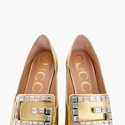 Gucci Madelyn Crystal G Loafers in Metallic Gold Size 40