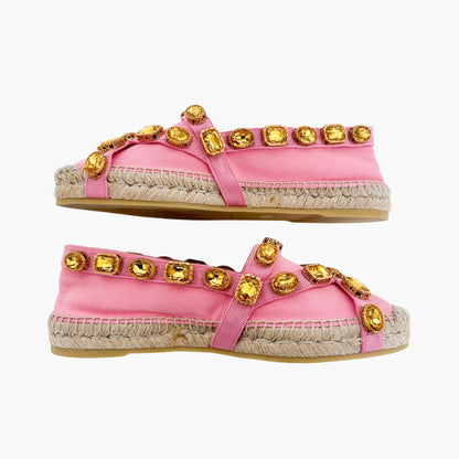 Gucci Pepita Crystal-Embellished Espadrille Flats in Pink Canvas Size 39