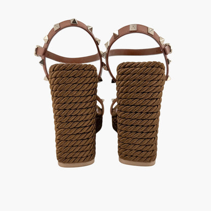 Valentino Garavani Rockstud Torchon Espadrille Wedge Sandals in Brown Leather – Size 38
