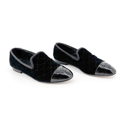 Chanel CC Cap Toe Quilted Loafers in Black Velvet Size 37.5