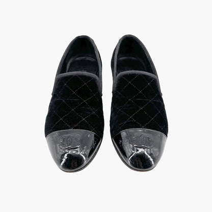 Chanel CC Cap Toe Quilted Loafers in Black Velvet Size 37.5