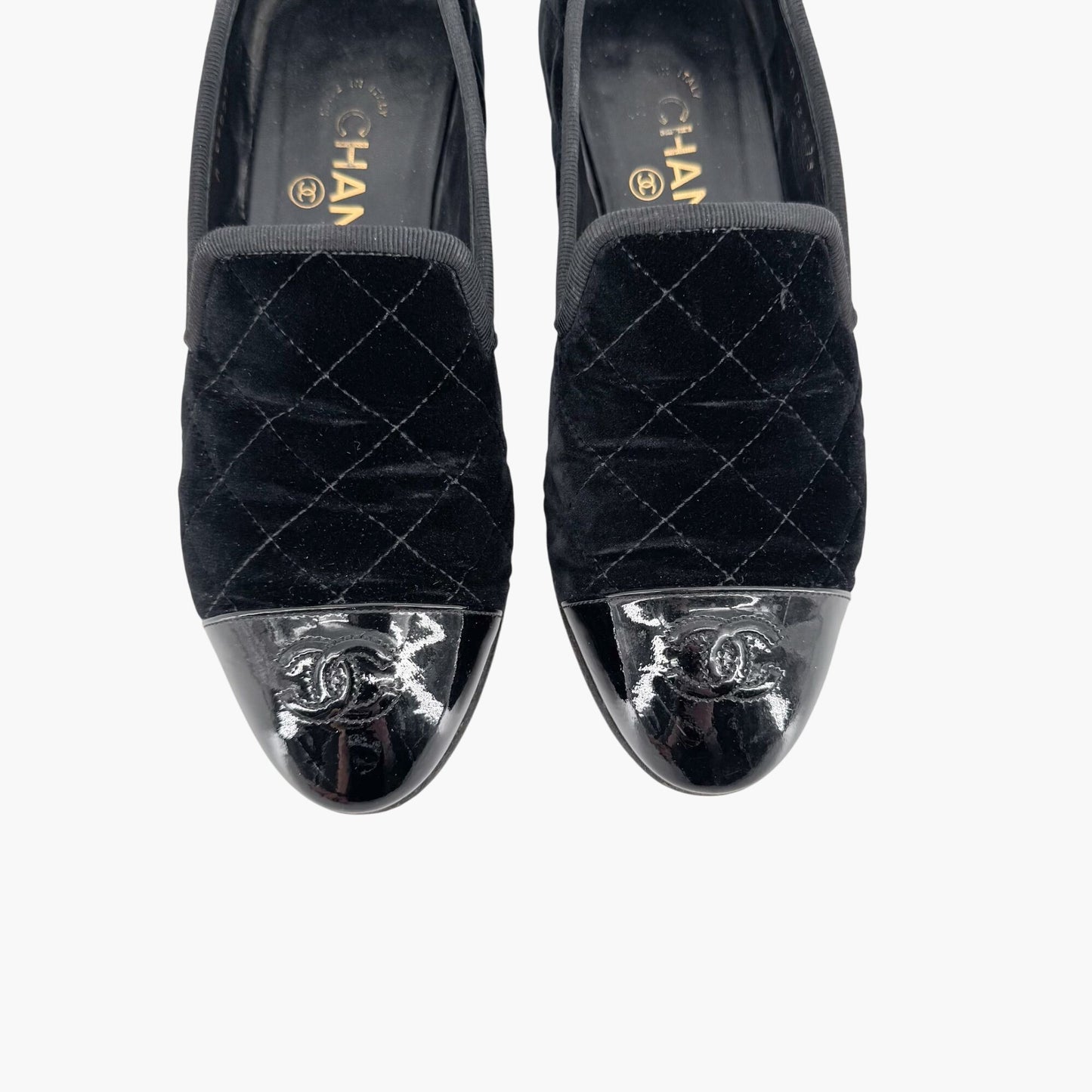 Chanel CC Cap Toe Quilted Loafers in Black Velvet Size 37.5